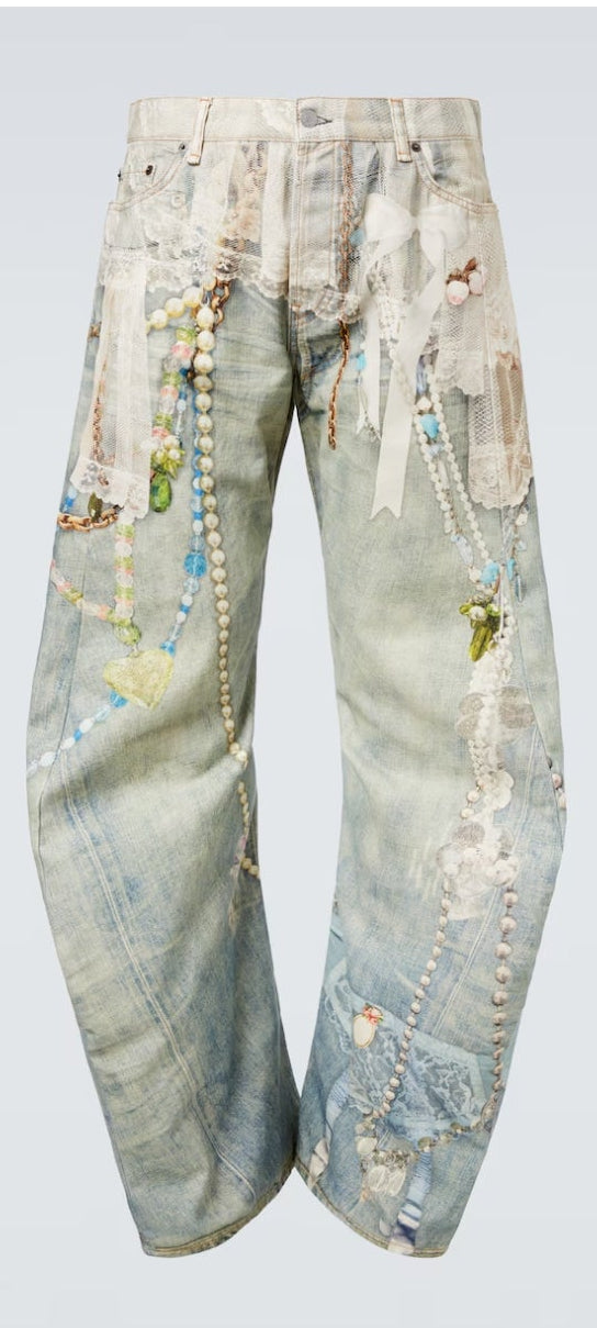 Acne Studios Distressed Printed Barrel-Leg Jeans
In White